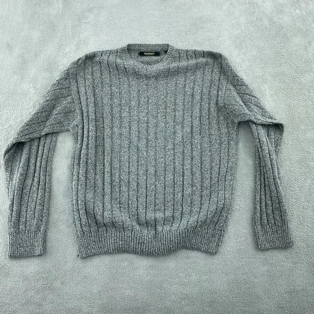Bachrach Mens Gray Ribbed Sweater Large Acrylic Cotton 4581